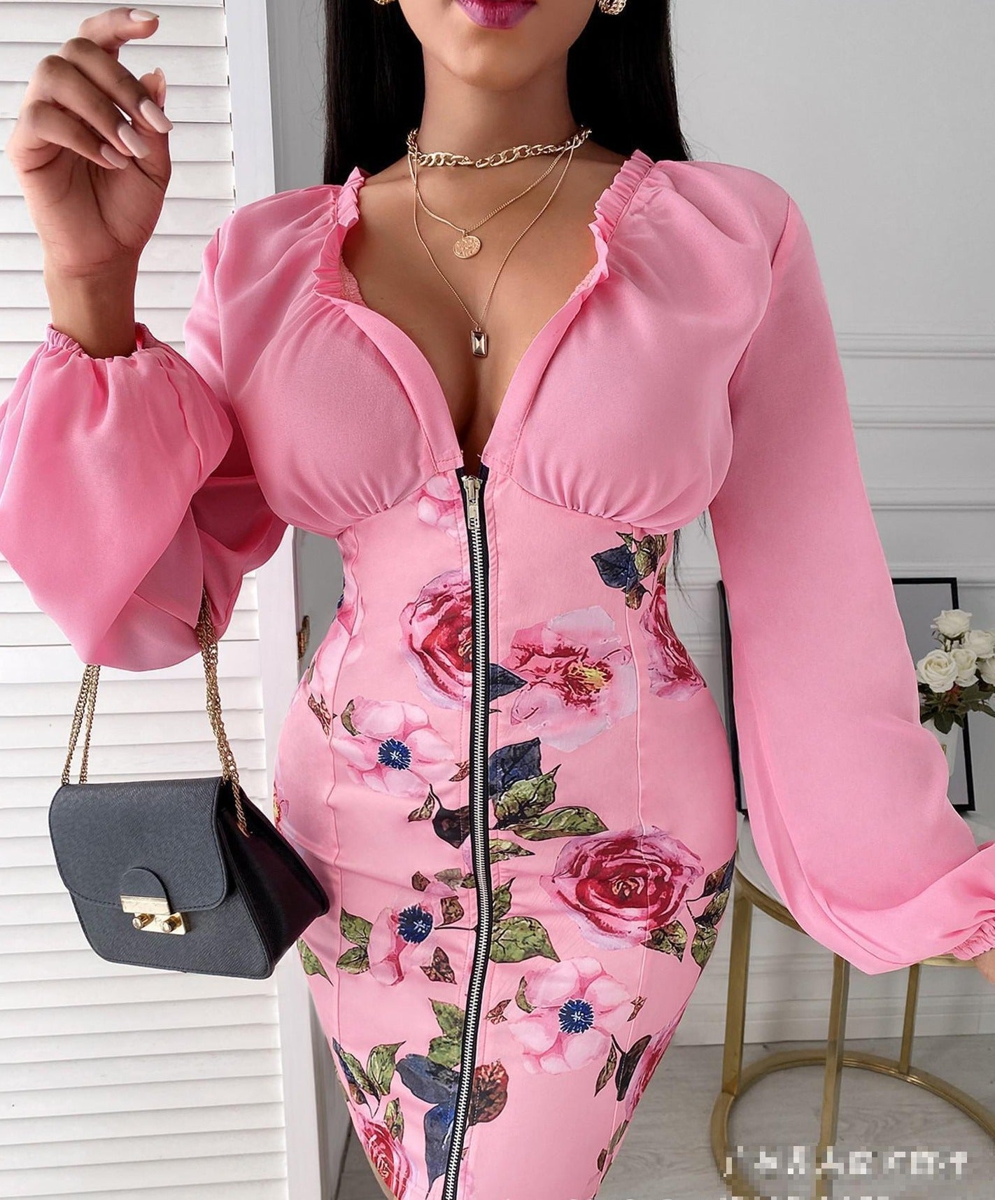 Kvinna Miniklänning V-hals Puffärmar Polyester Elegant Ovanför Knäet-1