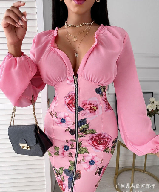 Kvinna Miniklänning V-hals Puffärmar Polyester Elegant Ovanför Knäet-1