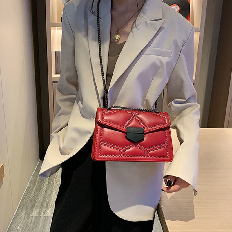 Dam Axelväska Kedja PU-Läder Mjuk Klaffdesign-4