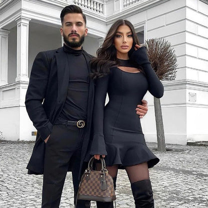 Trapesformad Klänning för Kvinnor med Ruffles och Långa Ärmar – 100% Polyester, Knälång Stil för Vardag och Fest 4