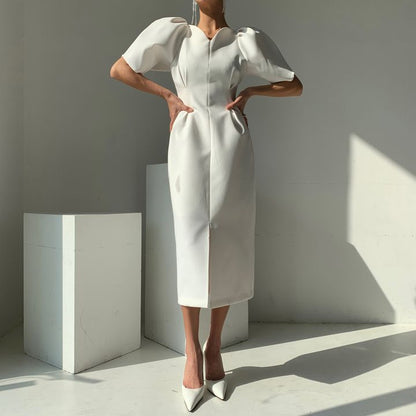 Kvinna MIDI Klänning V-ringning Polyester Korta Puffärmar 1