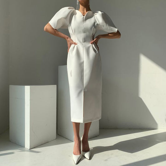 Kvinna MIDI Klänning V-ringning Polyester Korta Puffärmar 1