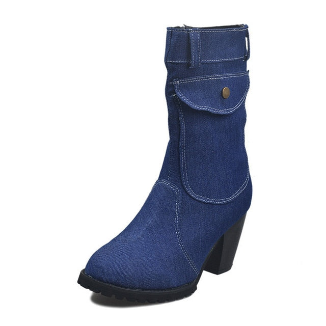 Kvinnors Fotledsskor i Denim med Spetsig Tå och Hög Klack – Elegant Design med Blixtlås och Fyrkantiga Detaljer 1