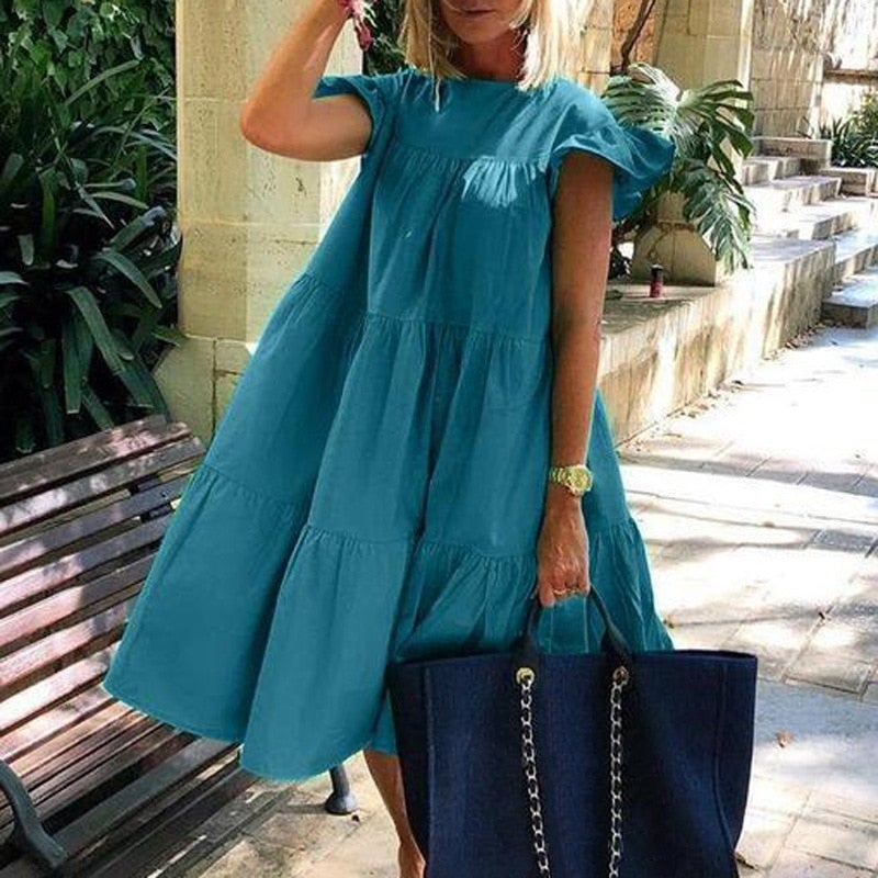 Midiklänning Dam med Utställd Kjol och Korta Ärmar i Polyester – Elegant och Tidlös Stil för Alla Tillfällen 2