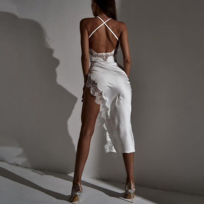 Kvinnors Midi Klänning Spaghetti Band Satin 9