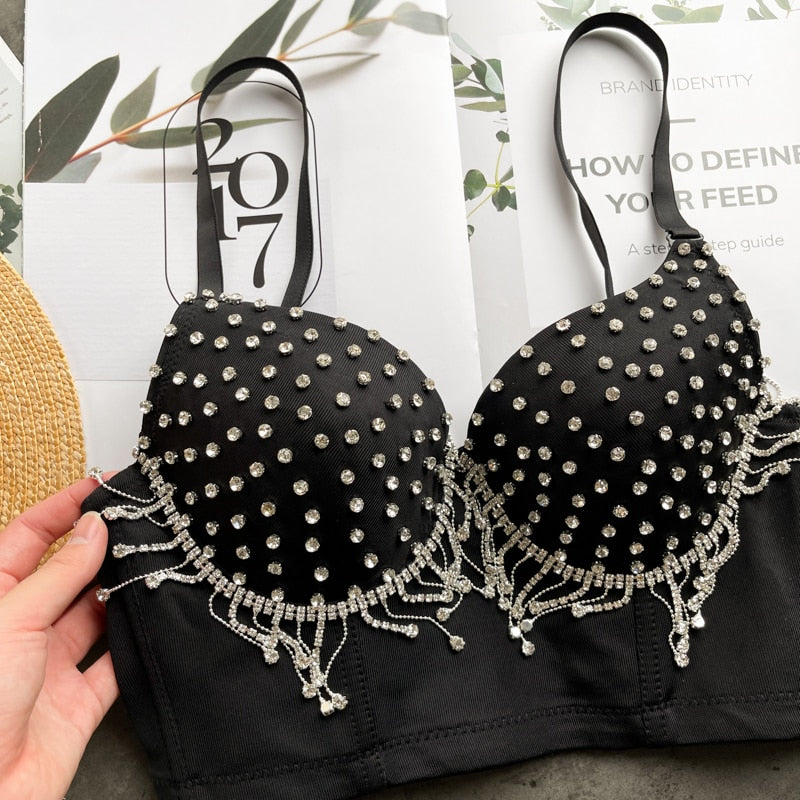 Kvinnors Festtopp Spaghetti Band Polyester med Strass och Tofsar-4
