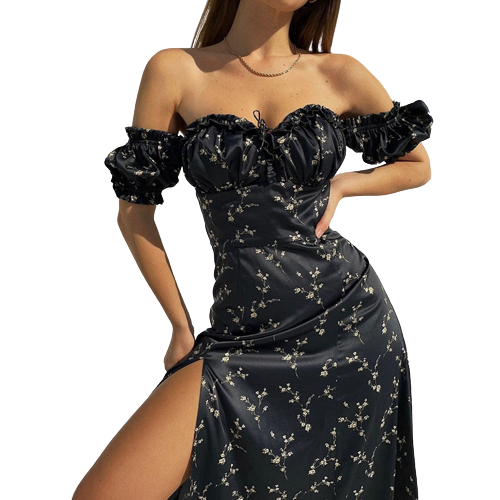 Dam Maxiklänning Puffade Ärmar 100% Polyester Flödande Silhuett-2