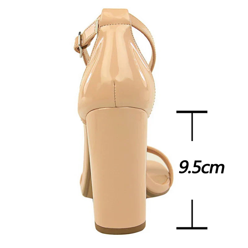 Dam Sandaler Hög Klack PU Material Fyrkantig Klack-3
