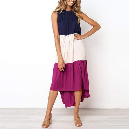 Asymmetrisk Dam Klänning med Färgblockering – Ärmlös Polyester Klänning för Vardag och Fest, Elegant Design i Blått och Fuchsia 2