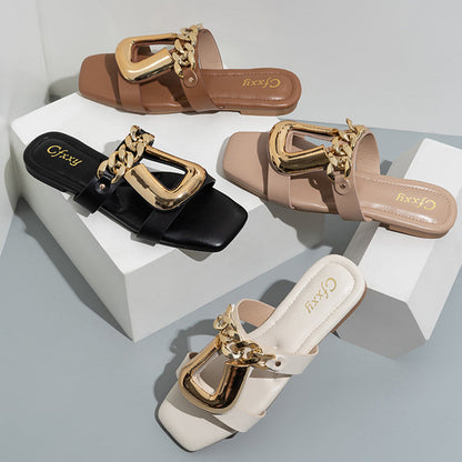 Dam Sandaler Fyrkantig Tå PU med Gummisula för Sommarens Alla Tillfällen-5