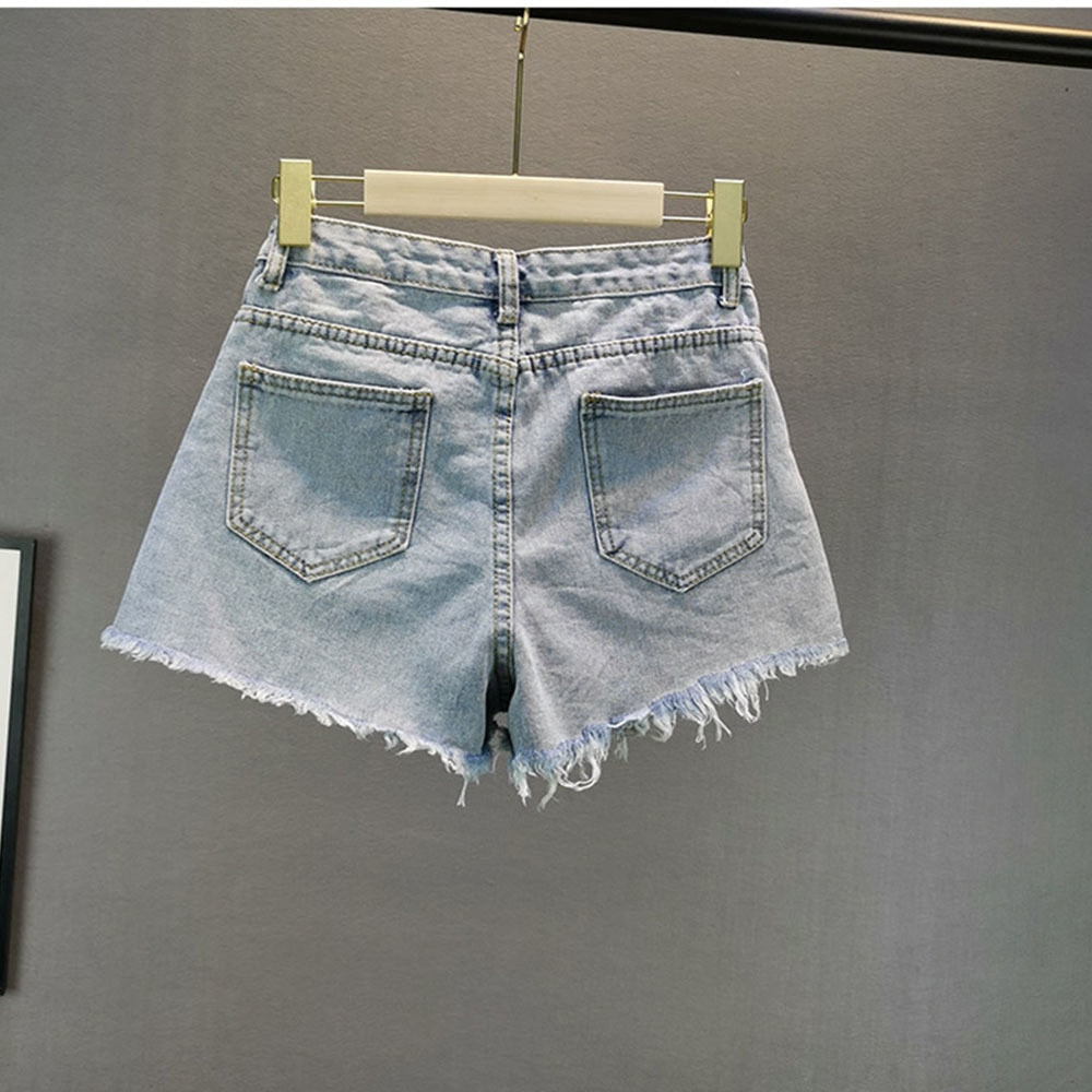 Dam Shorts Hög Midja Denim med Glittrande Detaljer och Fickor-2