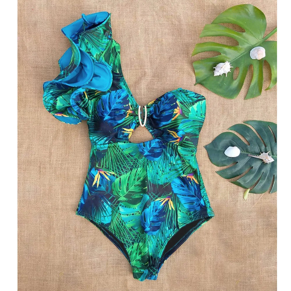 Baddräkt Dam En Bit Blommönster med Ruffles Elastan Nylon Polyester-2