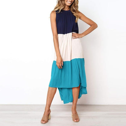 Asymmetrisk Dam Klänning med Färgblockering – Ärmlös Polyester Klänning för Vardag och Fest, Elegant Design i Blått och Fuchsia 4