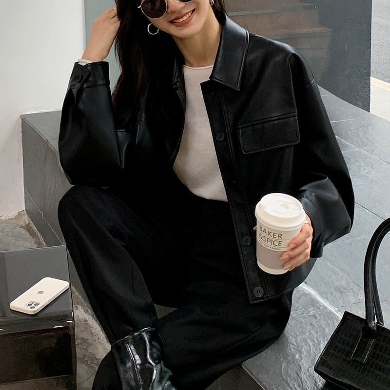 Dam Läderjacka Vattentät Elegant Design Högkvalitativt Material-1