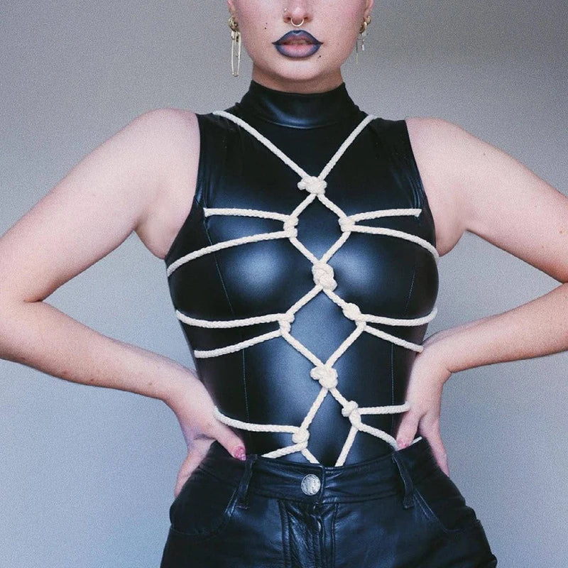 Dam Body Bandage Detaljer Läderlook Elastisk Bomull-5