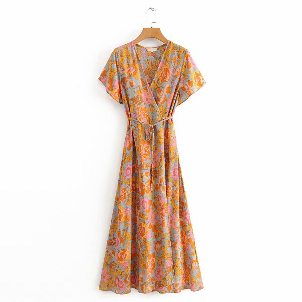 Maxiklänning Dam Blommönster V-ringning Fladdrande Ärmar 100% Polyester-4