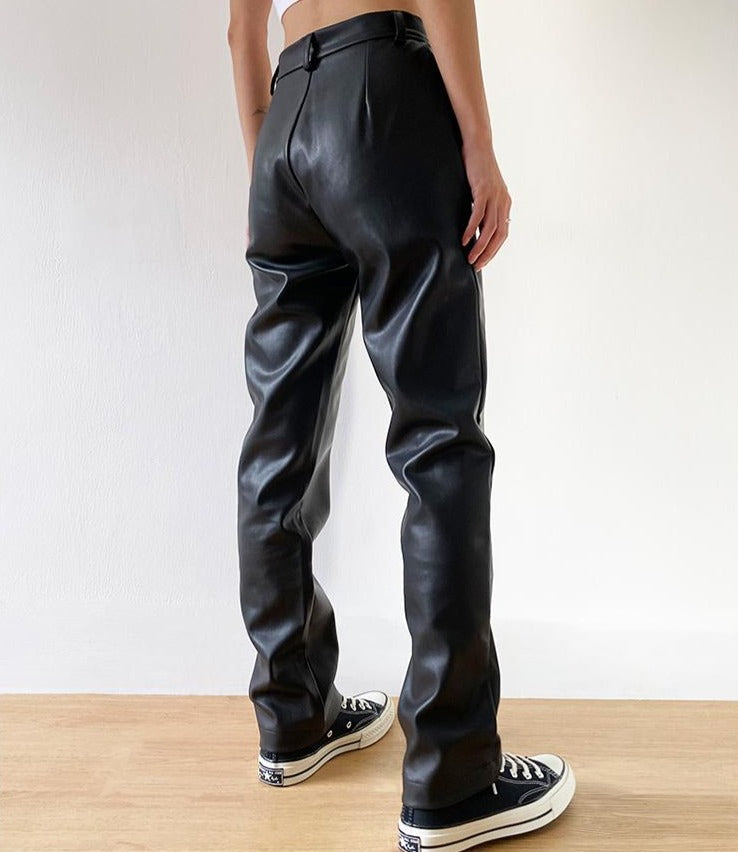 Snygga Byxor Dam Högskurna Syntetiskt Läder-2