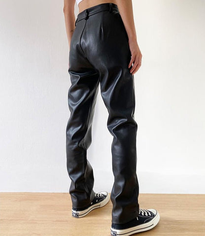 Snygga Byxor Dam Högskurna Syntetiskt Läder-2