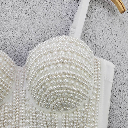 Dam Skördetopp Pärldekoration Polyester Spaghettirem-5