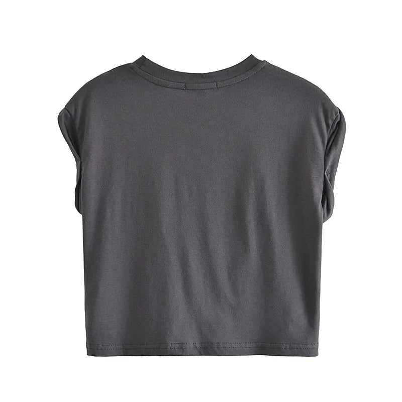 Dam T-shirt Crop Mjuk Bomull med Knutdetalj-2