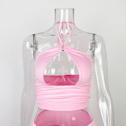 Svart Minikjol med Haltertop och Dekorativa Dragband för Dam – Kort, Tight Passform i Polyester och Spandex 6