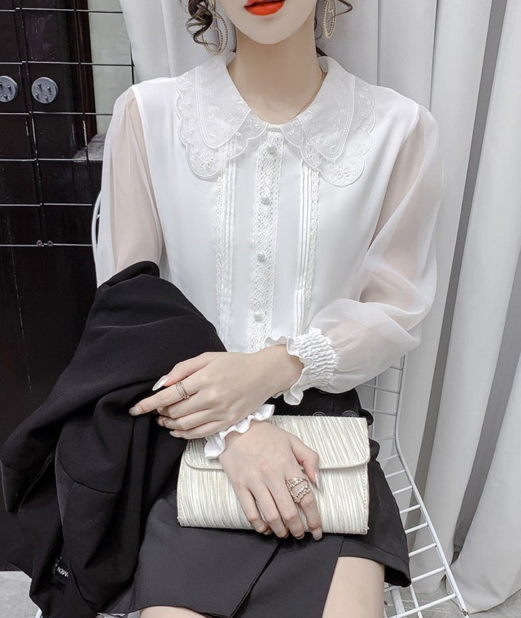 Vit Dam Blus med Illusionshals Lång Ärmar Syntetfiber-6