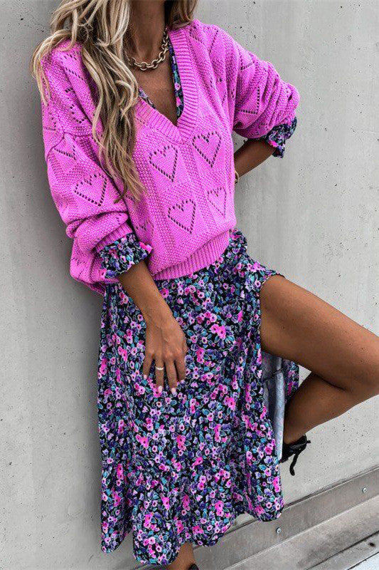 Dam Stickad Tröja V-hals Akryl Långärmad-3