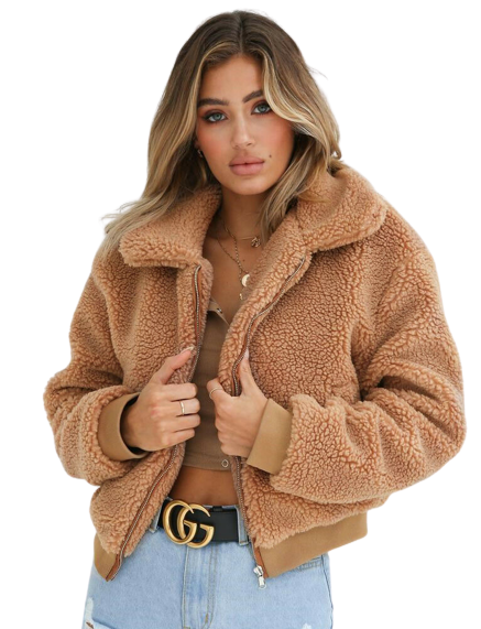 Damjacka Fluffig Plysch Khaki för Kalla Vinterdagar-4