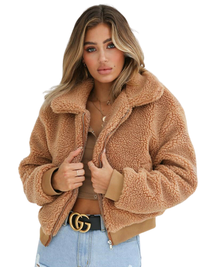 Damjacka Fluffig Plysch Khaki för Kalla Vinterdagar-4