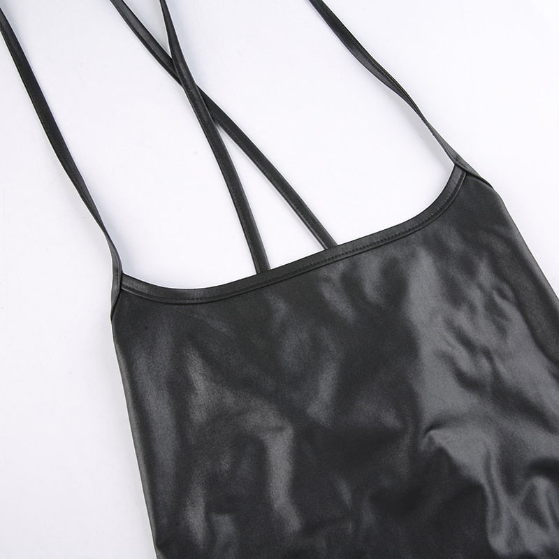 Kvinnors Miniklänning Spaghetti Band PU-Läder Midi-6