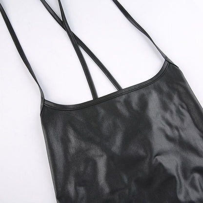 Kvinnors Miniklänning Spaghetti Band PU-Läder Midi-6