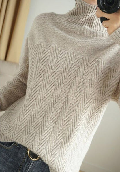Dam Stickad Turtleneck Tröja Chevron Mönster Ull-5