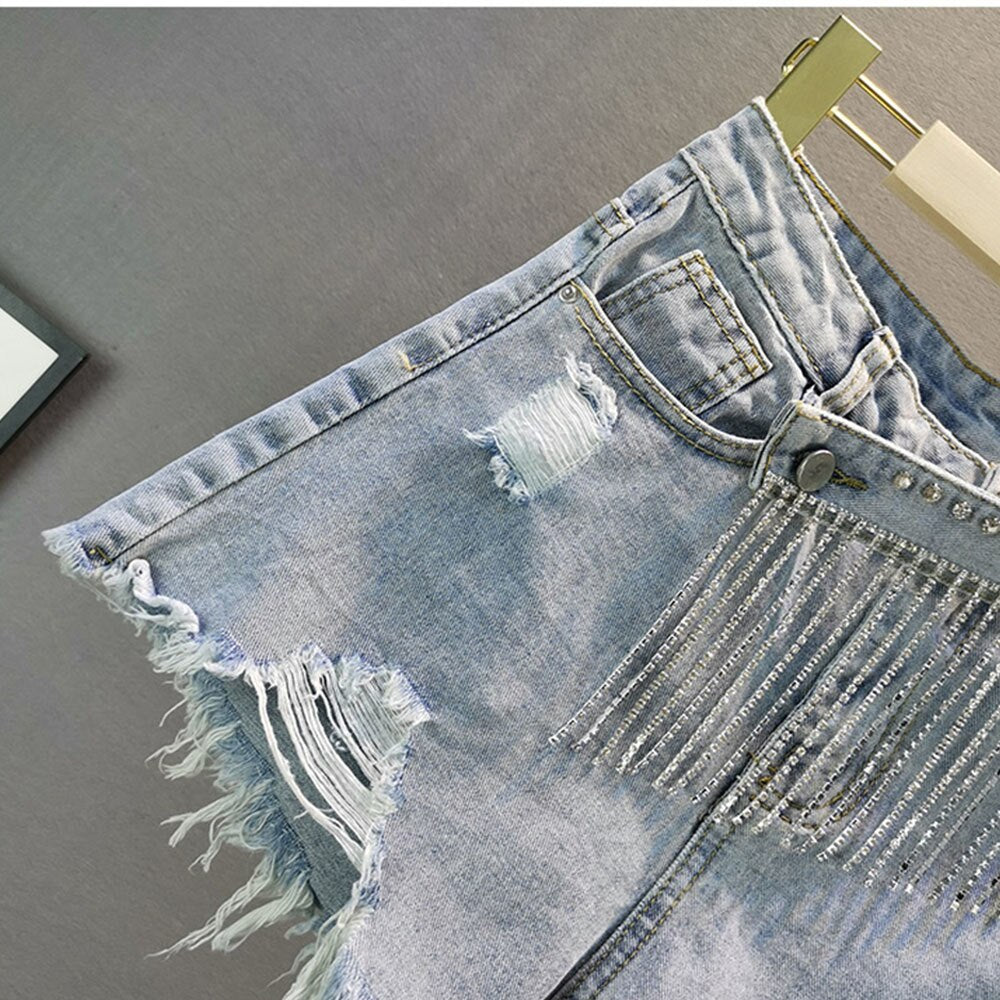 Dam Shorts Hög Midja Denim med Glittrande Detaljer och Fickor-3