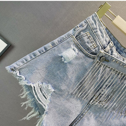 Dam Shorts Hög Midja Denim med Glittrande Detaljer och Fickor-3