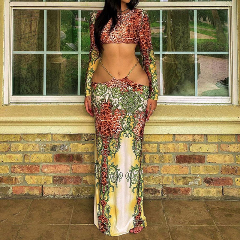 Kvinnors Midi Klänning Leopardmönster Syntetfiber-5