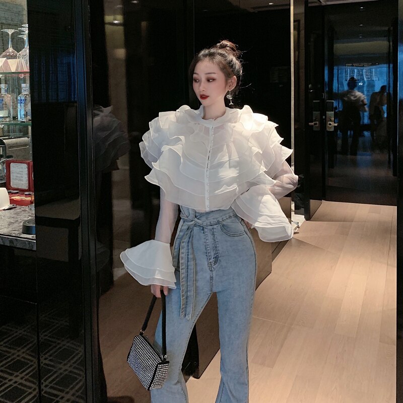 Kvinnors Blus Utsvängda Ärmar Rynkor Polyester-5