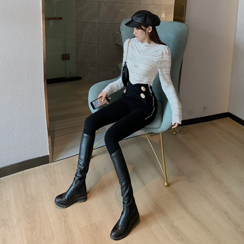 Kvinnors Hög Midja Byxor Monokrom Bomullsblandning-5