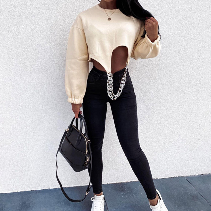 Dam Festtoppar med Kedjeapplikation Polyester Spandex Långärmad-6