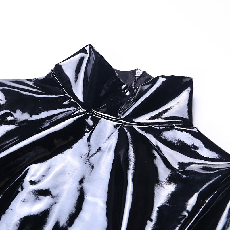 Dam Bodysuit Långärmad PU-Läder Med Rollkrage-4