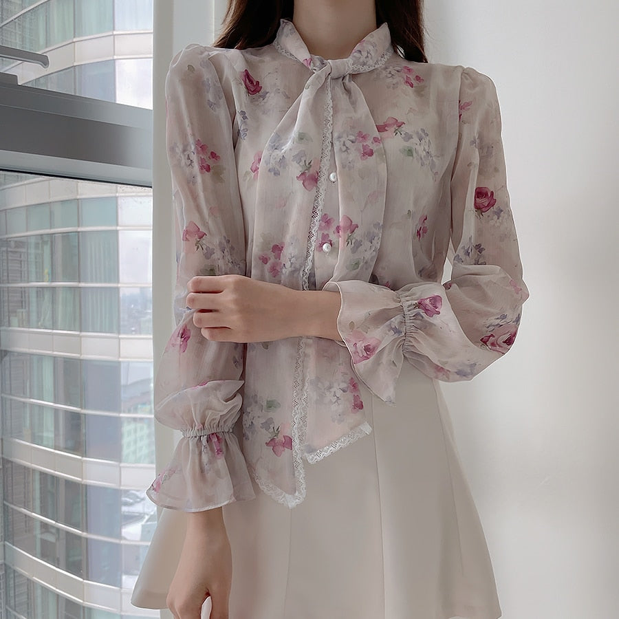 Dam Blus Elegant Utställda Ärmar Chiffon med Blomstertryck 6