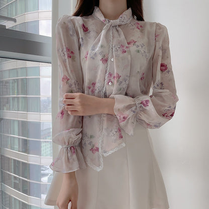 Dam Blus Elegant Utställda Ärmar Chiffon med Blomstertryck 6