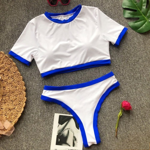 Retro Bikini Dam med Hög Skärning i Polyester och Lycra – Smickrande Badkläder för Strand och Pool 1