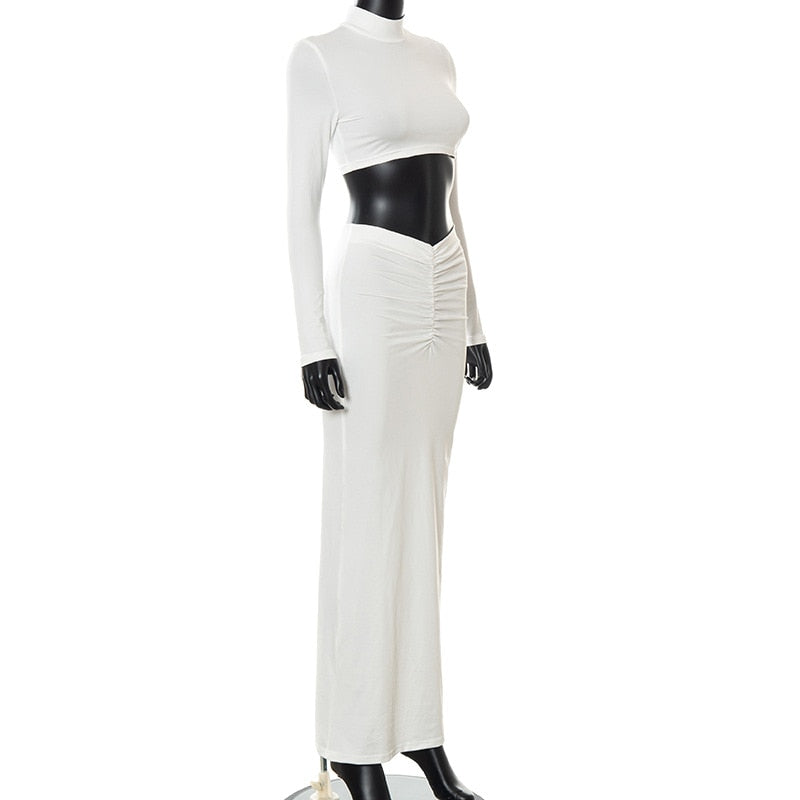 Elegant 2-delad Dam Outfit med Skördetopp och Långa Ärmar – Elastisk Midja, Golvlång Kjol i Spandex och Polyester 4