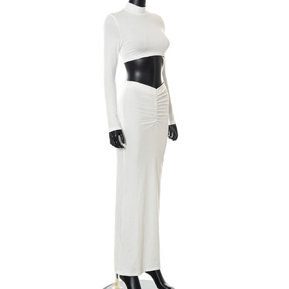 Elegant 2-delad Dam Outfit med Skördetopp och Långa Ärmar – Elastisk Midja, Golvlång Kjol i Spandex och Polyester 4
