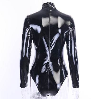 Dam Bodysuit Långärmad PU-Läder Med Rollkrage-2