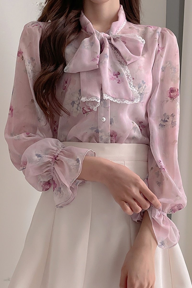 Dam Blus Elegant Utställda Ärmar Chiffon med Blomstertryck 3