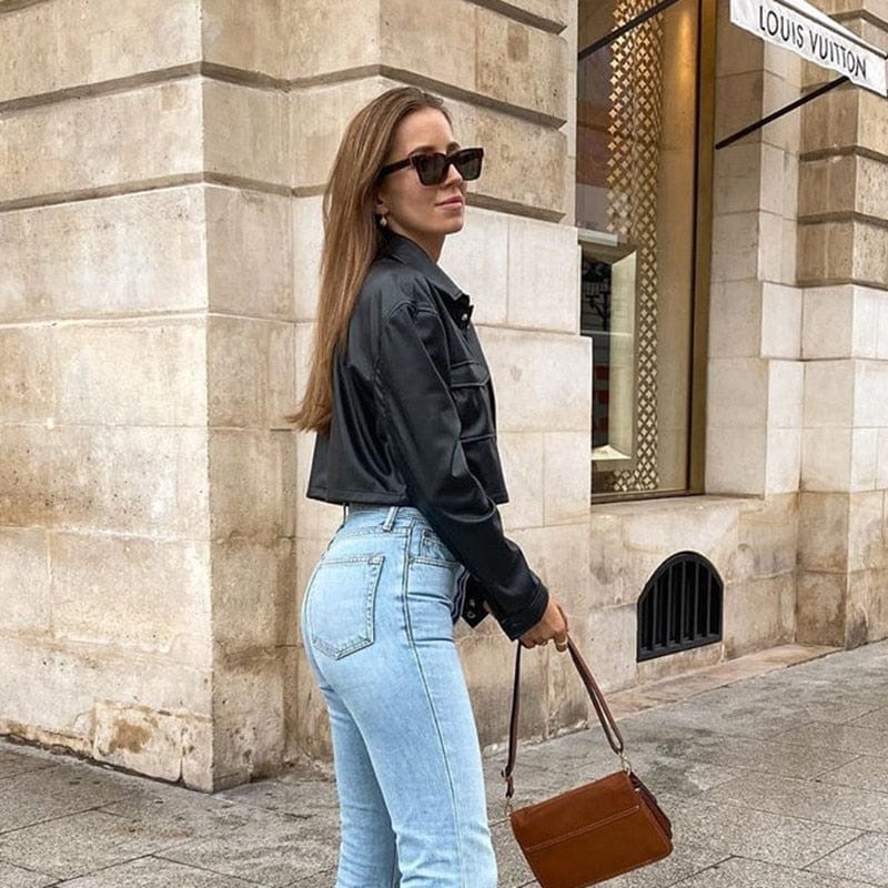 Dam Skjorta Kort Syntetiskt Läder Modern Design med Fickor-5