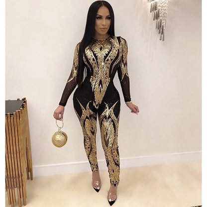 Kvinnors Jumpsuit Geometriskt Mönster Acetat med Rundhals och Paljetter 7