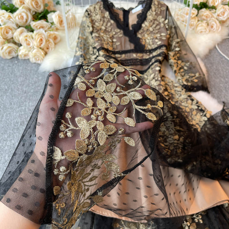 Dam Midiklänning Blommönster V-Ringning Polyester-5