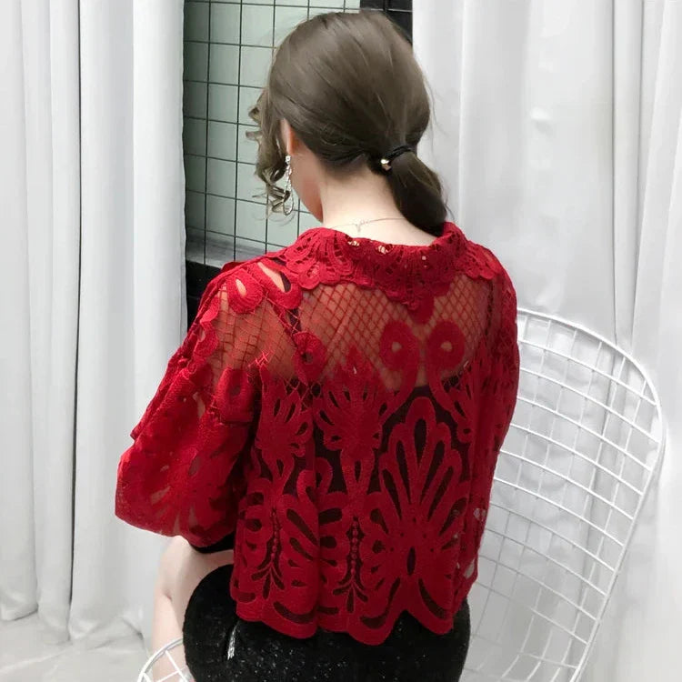 Dam Blus Kortärmad Spets Polyester-6